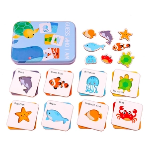 Kids ocean animal matching puzzle set with marine creature cards and metal storage box