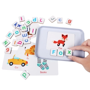Kids magnetic alphabet spelling game with cards and wooden letter blocks in a tin box