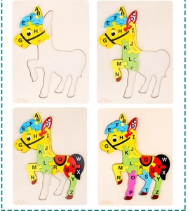 Detail of wooden alphabet animal puzzle showing 26 colorful pieces fitting into base slots