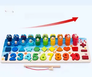 Close-up of wooden Montessori board with numbers, shapes, and magnetic fishing activity