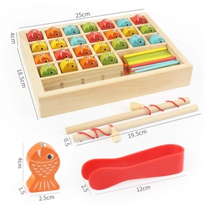 Magnetic wooden fishing toy set with colorful fish, rods and clips for educational learning
