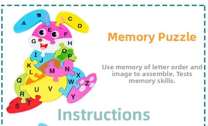 Detail view of colorful wooden bunny puzzle featuring twenty-six English alphabet blocks