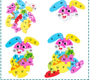 Three-stage assembly detail of pink rabbit 3D wooden puzzle with 26 colorful ABC letters