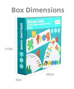 Macro view of spelling game packaging with box dimensions 25x21x4cm for ages 3 plus