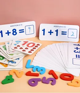 Close-up of math learning set with wooden numbers, addition cards, and ladybug counters