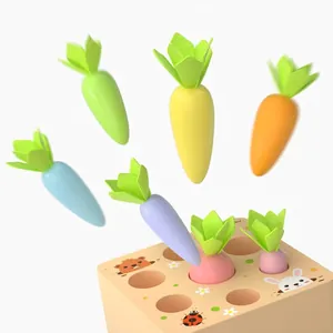 Wooden Montessori carrot harvesting puzzle toy with colorful blocks and cartoon illustrations