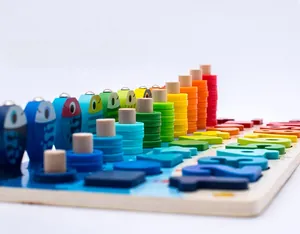Detail of wooden 5-in-1 Montessori puzzle board with colorful numbers and magnetic fishing game