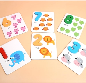 Educational wooden number matching cards with colorful digits and animal illustrations