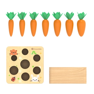 Montessori wooden carrot harvest puzzle toy with seven orange carrots and cute animal base