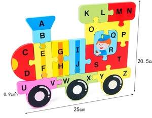 Detailed view of train-shaped wooden alphabet puzzle with 25x20.5x0.9cm dimensions