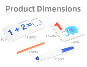 Detailed size specifications for math learning cards, counting sticks, and marker pen