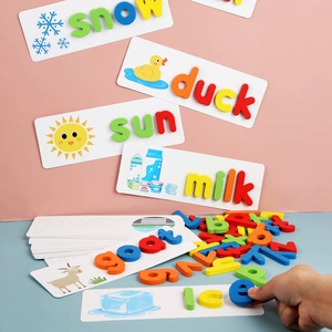 Educational alphabet spelling game with colorful 3D letters and vocabulary cards for kids