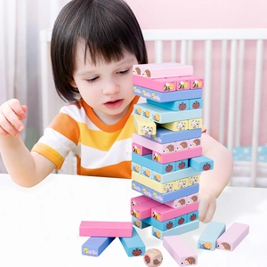 Wooden Stacking Tower Game For Kids Animal Cartoon Pattern Building Blocks Educational Toy Macaron Interactive Board Game