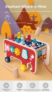 Detail of wooden elephant whack-a-mole toy with colorful gears and pulling rope for kids