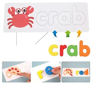 Educational alphabet spelling game with wooden letters and illustrated flashcards for toddlers