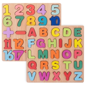 Educational wooden puzzle set with colorful alphabet letters and numeric peg boards for kids