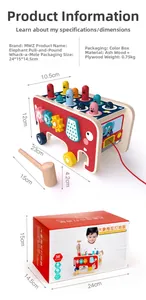 Detail view of elephant-themed wooden whack-a-mole bus toy with hammer and colorful box