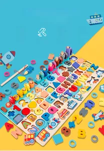 Detail view of wooden puzzle board with letters, numbers and magnetic fishing game
