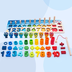 5-in-1 Montessori wooden educational toy with numbers, shapes, and magnetic fishing game