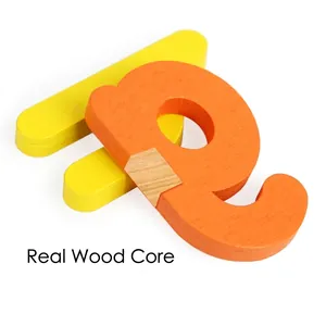 Macro view of high-quality wood core alphabet blocks for kids spelling and learning