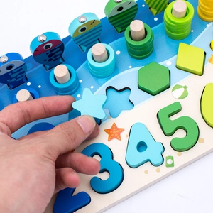 Five-in-one wooden educational board with numbers shapes and magnetic fishing toy set