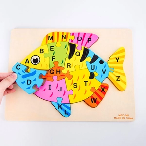 Fish shaped wooden alphabet puzzle with 26 colorful letter pieces for toddler learning
