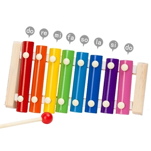 Rainbow wooden xylophone for babies with eight colorful metal keys and a wooden mallet