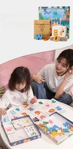 Close-up of mother and child playing with wooden alphabet and number matching cards