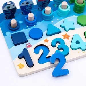 Five-in-one wooden Montessori puzzle with magnetic fishing game and number counting shapes
