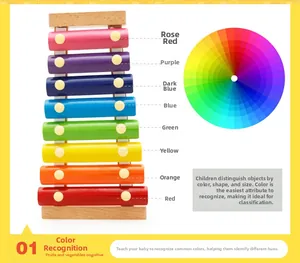 Detailed view of 8-note wooden xylophone with colorful metal keys for early music education