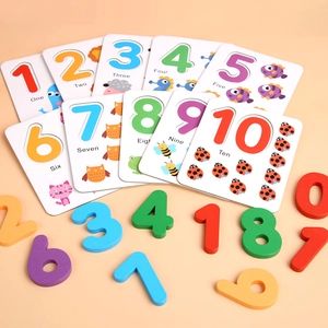 Educational wooden number matching puzzles with colorful animal cards for early math learning