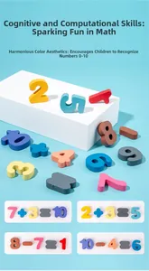 Detail of macaron color wooden blocks showing numbers and math symbols for early learning
