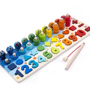 Wooden 5-in-1 Montessori toy set with number sorting, shapes, and magnetic fishing game