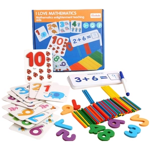 Children's wooden math teaching set with colorful number blocks and counting sticks