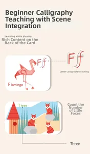 Alphabet and number learning cards with flamingo illustration and stroke order tutorial