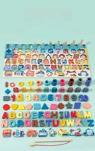 Top-down view of a colorful 7-in-1 wooden montessori puzzle with letters and magnetic fish