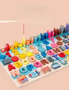 Close-up of wooden Montessori board with colorful alphabet, numbers, and magnetic fishing toy