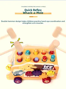 Wooden whack-a-mole ice cream truck toy with colorful gears and two mallets for toddlers