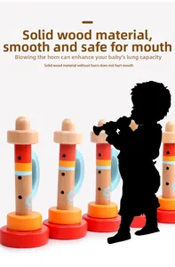 Close-up of polished colorful wooden trumpets for kids with smooth non-toxic finish