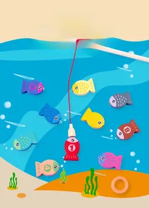 Close-up of magnetic wooden fishing toy with colorful numbered fish and a fishing rod