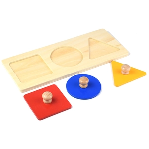 Montessori wooden puzzle with red square, blue circle, and yellow triangle shapes