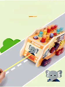 Wooden whack-a-mole pull toy car with colorful gears and elephant patterns for toddlers