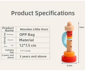 Detailed size specifications of a colorful wooden trumpet toy for children and infants
