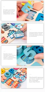Detail of laser-cut wooden puzzle blocks with letters and numbers for kids