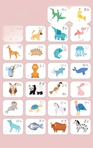 Alphabet learning cards featuring geometric animals and English words in soft pink tones
