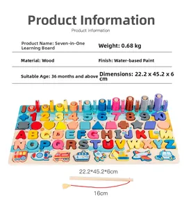 Detail of wooden 7-in-1 puzzle board with magnetic fishing game and colorful numbers