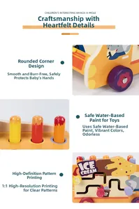 Detailed close-up of smooth rounded edges and eco-friendly print on wooden busy car toy