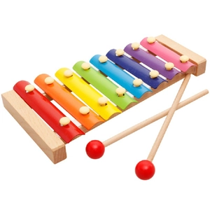 Colorful 8-note wooden xylophone toy for toddlers with two wooden mallets on white background
