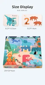 Educational alphabet and number matching card set with animal illustrations and dimensions