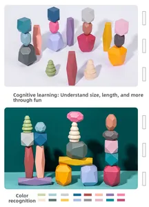 Detail view of colorful wooden balance stones and stacking blocks in Morandi colors